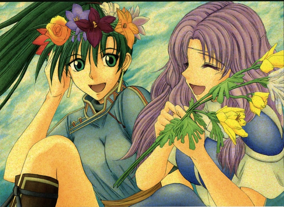 florina (fire emblem), lyn (fire emblem), fire emblem, fire emblem: the blazing blade, nintendo, pegasus knight uniform (fire emblem), 2girls, armor, boots, breasts, circlet, closed eyes, earrings, flower, green eyes, green hair, hair flower, hair ornament, happy, head wreath, jewelry, long hair, multiple girls, open mouth, ponytail, purple hair, sitting, smile, wreath