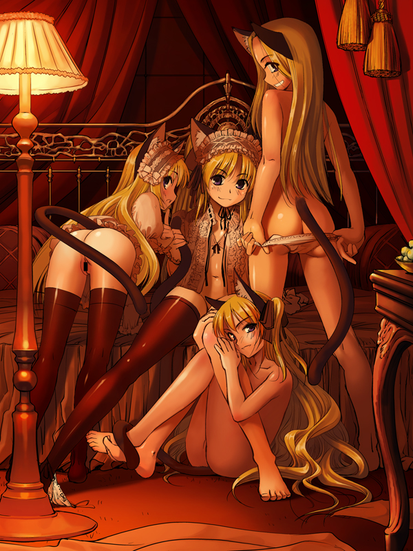 sasayuki, 4girls, animal ears, ass, bar censor, barefoot, cat ears, cat tail, censored, cleft of venus, feet, indoors, kodomo doushi, loli, multiple girls, no panties, panties, panty pull, pussy, sitting, standing, tail, tail wrap, thighhighs, underwear, yuri
