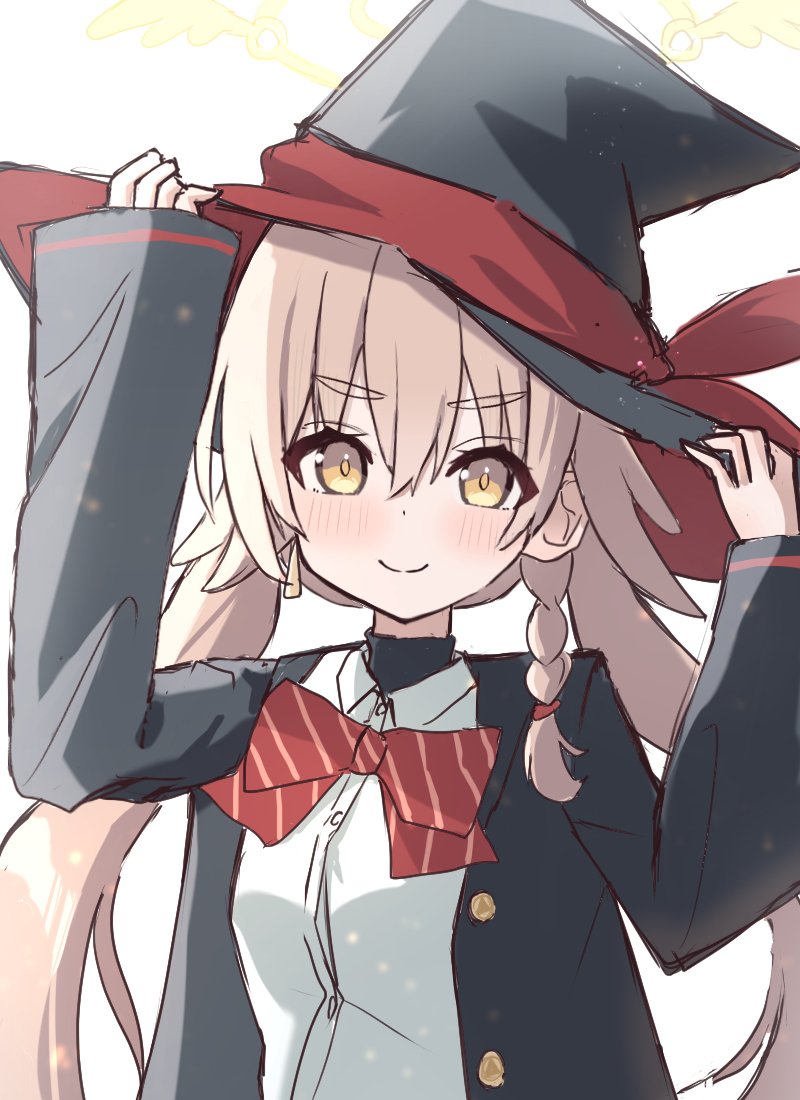 yashiro hachi, eri (blue archive), hifumi (blue archive), blue archive, commentary, 1girl, black hat, black jacket, blonde hair, bow, bowtie, braid, cosplay, eri (blue archive) (cosplay), hair between eyes, halo, hands on headwear, hands up, hat, jacket, light blush, long hair, looking at viewer, low twintails, open clothes, open jacket, red bow, red bowtie, shirt, side braid, simple background, single braid, smile, solo, striped bow, striped bowtie, striped clothes, twintails, upper body, white background, white shirt, witch hat, yellow eyes, yellow halo