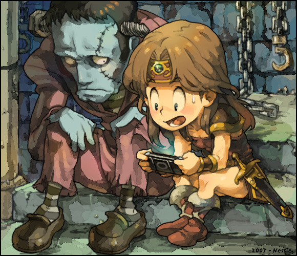 nessie, nessie (kska), frankenstein's monster, simon belmont, castlevania (1986), castlevania (series), frankenstein, bad id, bad pixiv id, 2boys, armor, bolt (hardware), chain, chibi, handheld game console, headband, multiple boys, playstation portable, scar, scar across eye, scar on face, sheath, sitting, sweatdrop, sword, weapon