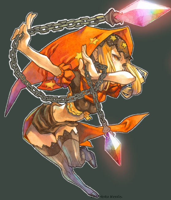 nessie, nessie (kska), velvet (odin sphere), odin sphere, bad id, bad pixiv id, 1girl, blonde hair, female focus, hood, orange eyes, puff and slash sleeves, puffy sleeves, solo, thighhighs