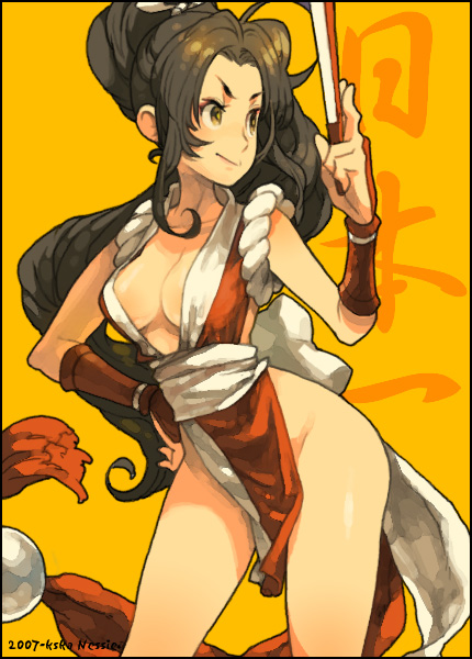 nessie, nessie (kska), shiranui mai, fatal fury, snk, the king of fighters, bad id, bad pixiv id, 1girl, breasts, female focus, high ponytail, pelvic curtain, ponytail, revealing clothes, solo