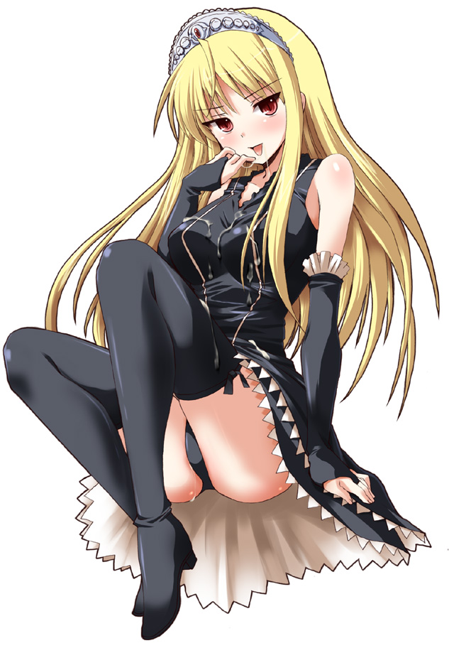 shinshin, hime (kaibutsu oujo), kaibutsu oujo, 00s, 1girl, bare shoulders, blonde hair, cum, elbow gloves, female focus, gloves, long hair, panties, pantyshot, pussy juice, red eyes, solo, thighhighs, tiara, underwear