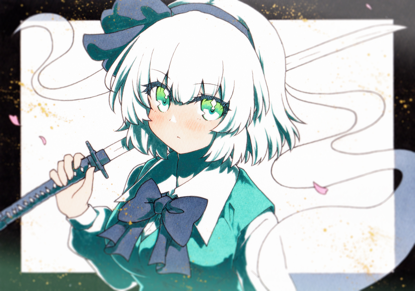 rinka (qqqrinkappp), konpaku youmu, konpaku youmu (ghost), touhou, highres, 1girl, black bow, black bowtie, black hairband, black ribbon, bow, bowtie, breasts, collared shirt, falling petals, green eyes, green vest, hair ribbon, hairband, holding, holding sword, holding weapon, katana, long sleeves, looking at viewer, medium breasts, petals, puffy long sleeves, puffy sleeves, ribbon, shirt, short hair, solo, sword, upper body, vest, weapon, white background, white hair, white shirt