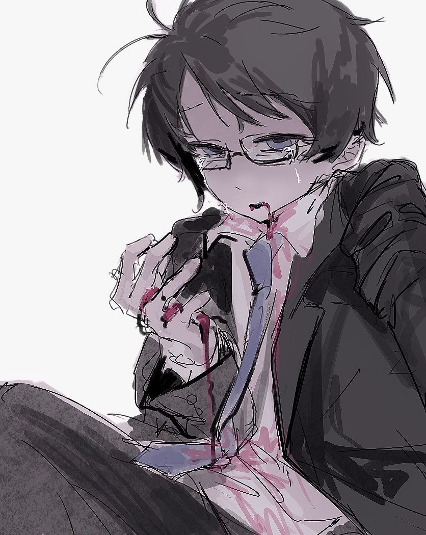 akinashi haru, saihate eki, 1boy, black-framed eyewear, black hair, blazer, blood, blood on clothes, blood on face, blue eyes, buttoned cuffs, buttons, collared shirt, formal clothes, glasses, jacket, narrowed eyes, nausea, necktie, open mouth, parted bangs, shirt, short hair, suit, tears, vomit, white background, xiaoquanjiuhe