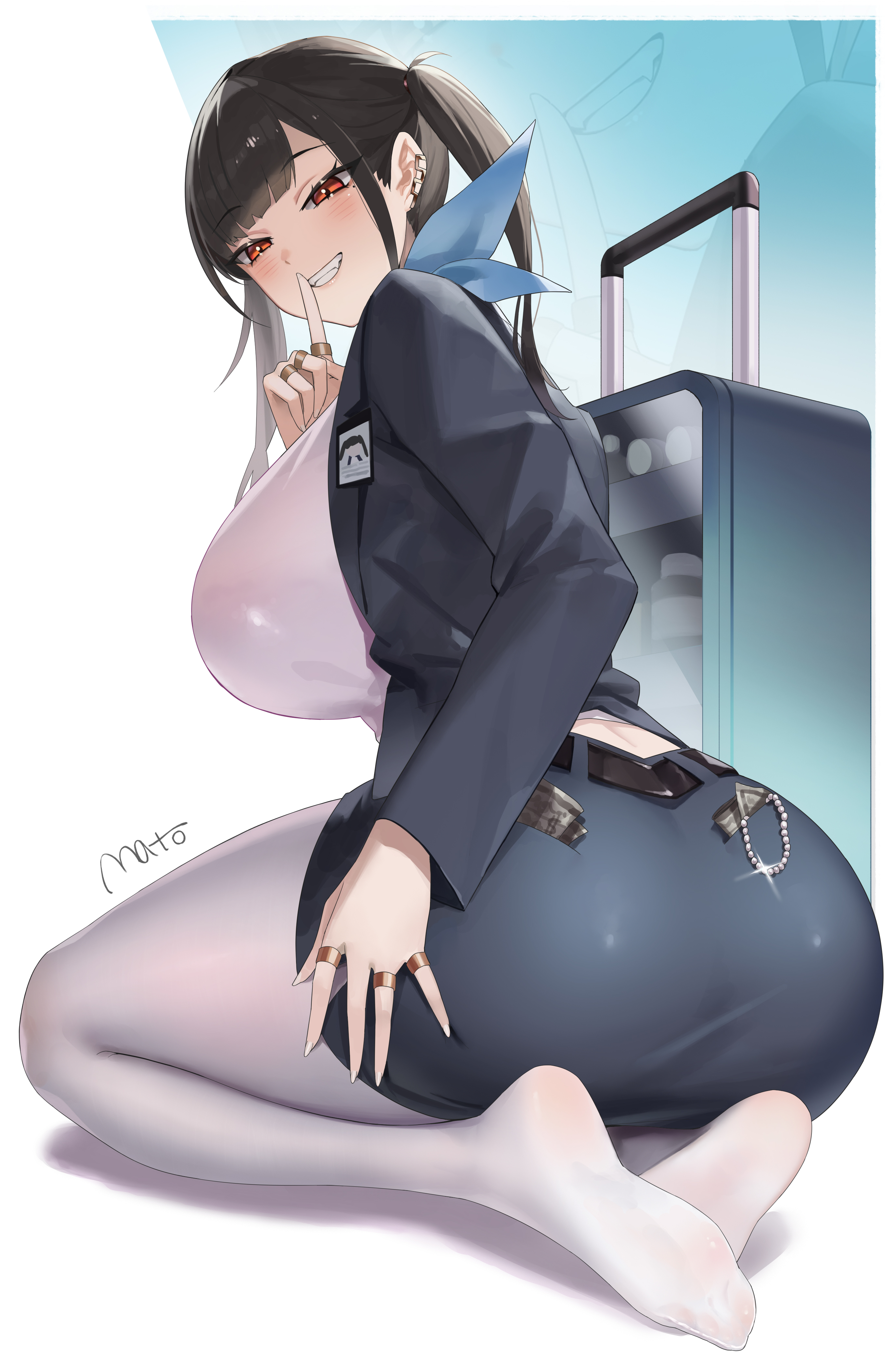 mato kuroi, sora (nikke), goddess of victory: nikke, absurdres, highres, ass, belt, black belt, black hair, breasts, earrings, id card, index finger raised, jewelry, looking at viewer, money, multiple rings, pantyhose, red eyes, ring, rolling suitcase, smile, soles, suitcase, thighs, twintails, white pantyhose