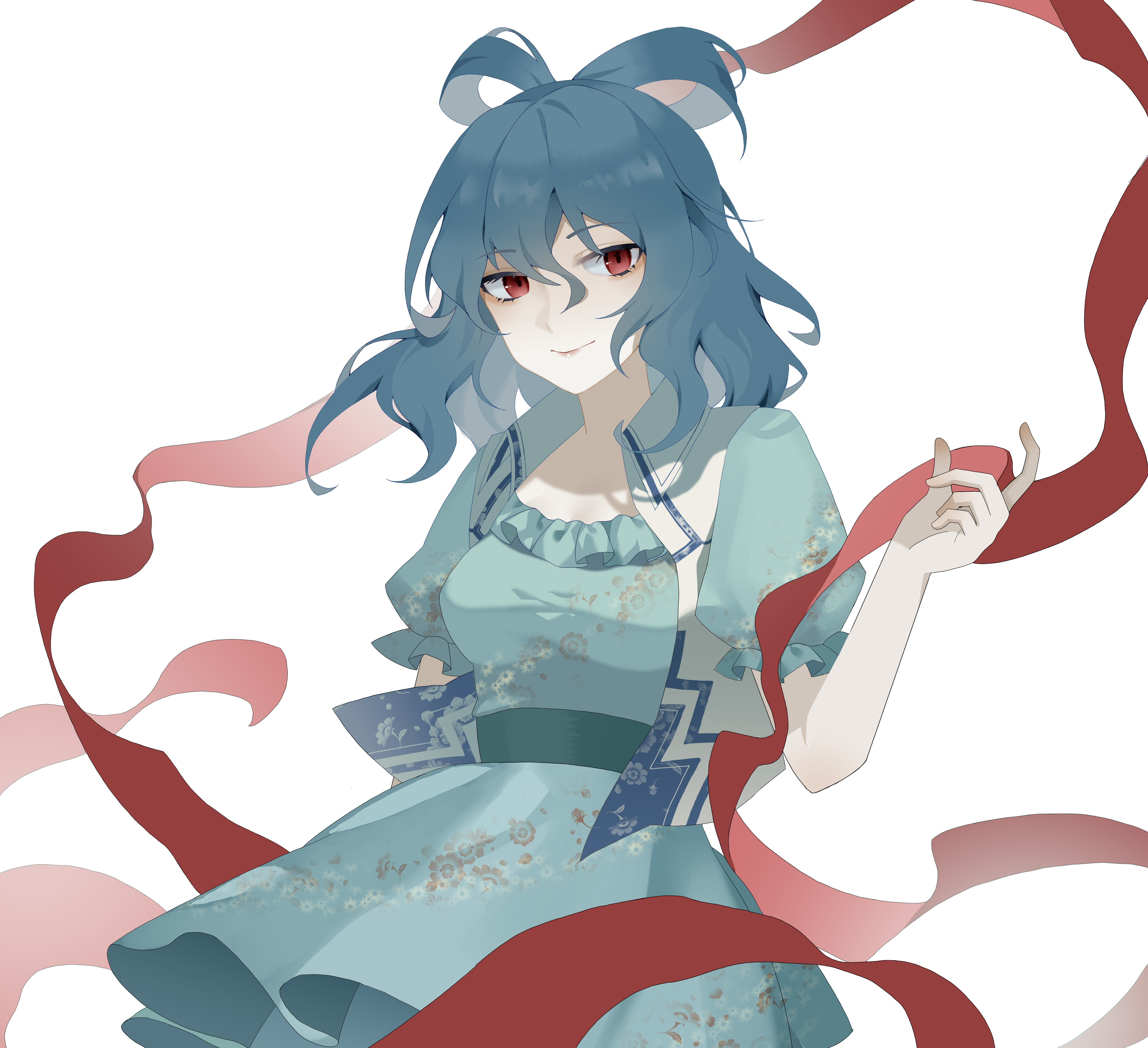miamante77, kaku seiga, touhou, absurdres, commentary, highres, 1girl, blue dress, blue hair, breasts, closed mouth, dress, hagoromo, hair rings, looking at viewer, medium breasts, red eyes, shawl, short hair, short sleeves, simple background, smile, solo, vest, white background, white vest