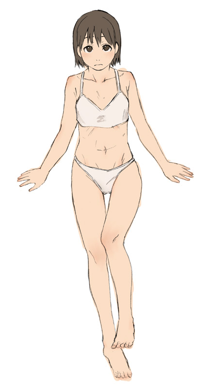 tamaru tokihiko, 1girl, barefoot, bra, feet, female focus, flat chest, lingerie, panties, sketch, solo, underwear, underwear only