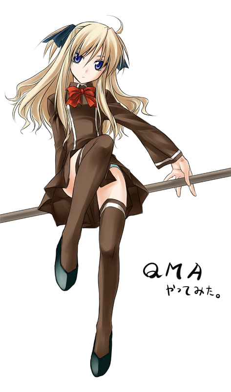 himura kiseki, shalon, quiz magic academy, blonde hair, blue eyes, brown shirt, brown thighhighs, collared shirt, hair between eyes, long hair, school uniform, serafuku, shirt, simple background, solo, thighhighs, white background, zettai ryouiki
