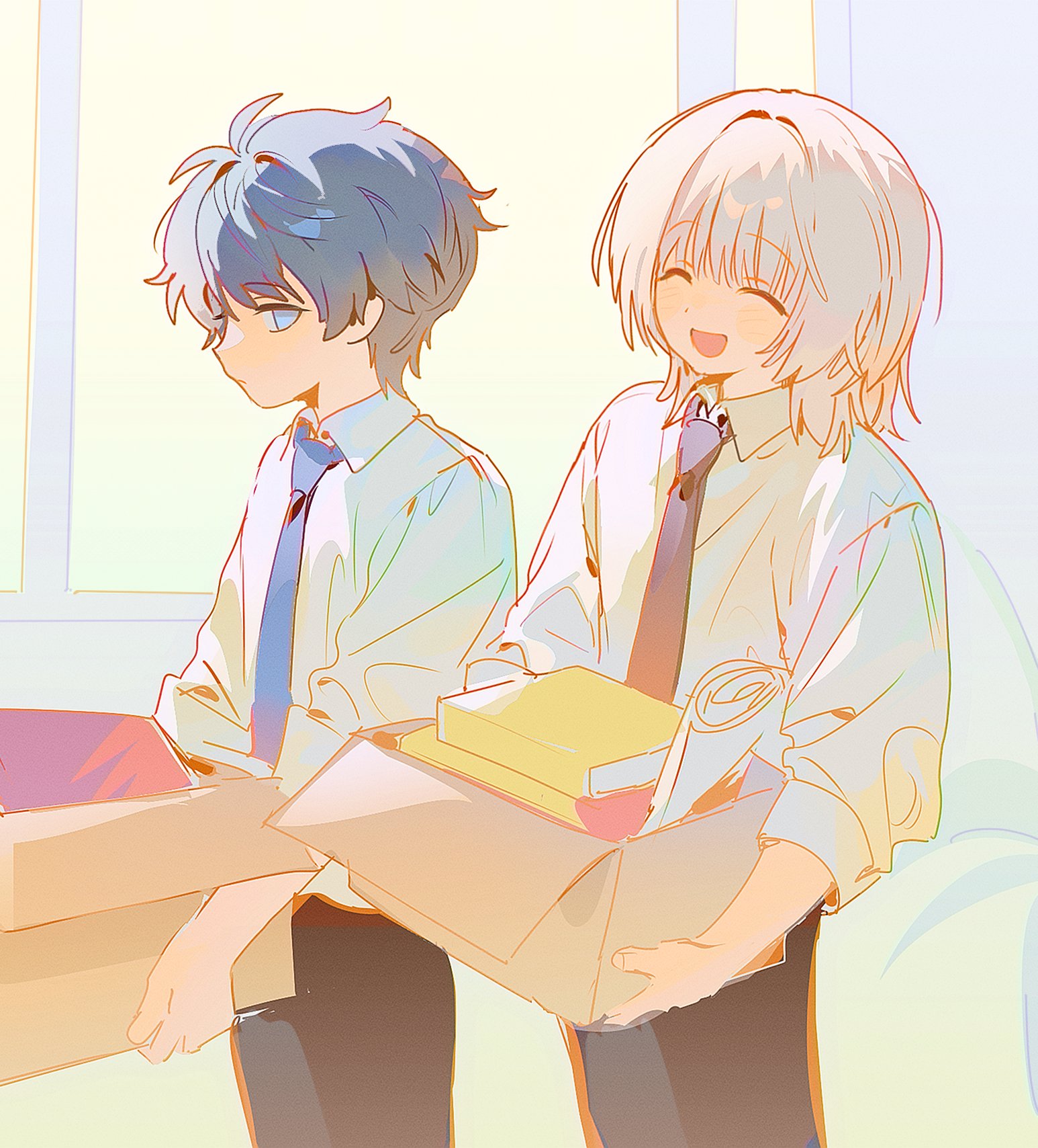 akinashi haru, tatsunami shion, saihate eki, fluffy hair, highres, 2boys, :d, ^ ^, black hair, blue eyes, blue necktie, blush, box, closed eyes, closed mouth, collared shirt, hair between eyes, hair intakes, holding, holding box, jellyfish cut, looking at another, male focus, medium hair, multiple boys, necktie, open mouth, pants, shirt, short hair, sleeve cuffs, smile, three-quarter sleeves, white hair, white shirt