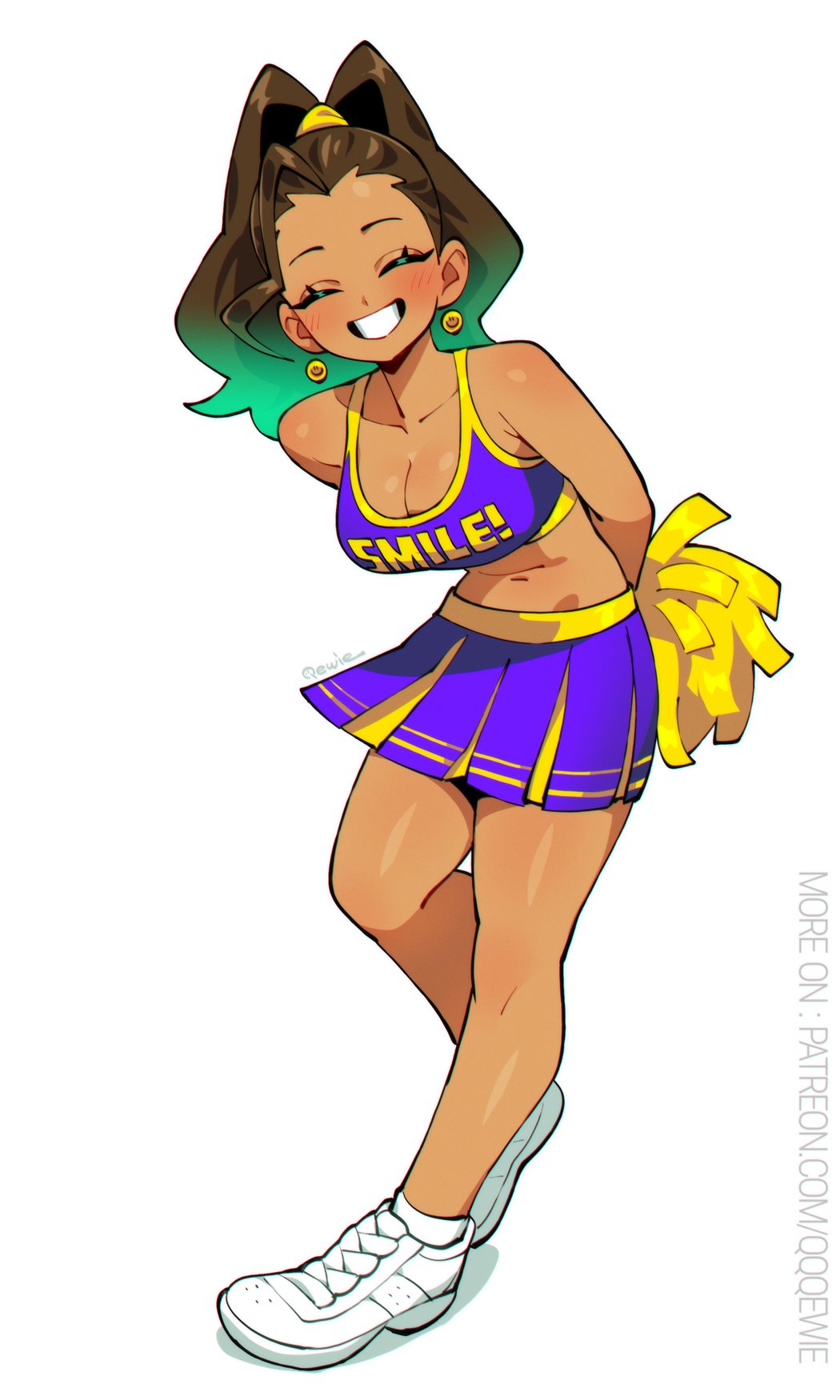 333 (dqqqdle), original, highres, 1girl, breasts, brown hair, cheerleader, cleavage, closed eyes, dark-skinned female, dark skin, earrings, full body, gradient hair, green hair, holding, holding pom poms, jewelry, large breasts, medium hair, multicolored hair, navel, open mouth, pom pom (cheerleading), pom poms, ponytail, purple skirt, shoes, simple background, skirt, sneakers, solo, teeth, white background, white shoes