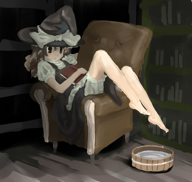 kirisame marisa, touhou, 1girl, barefoot, blonde hair, book, chair, feet, female focus, on chair, solo