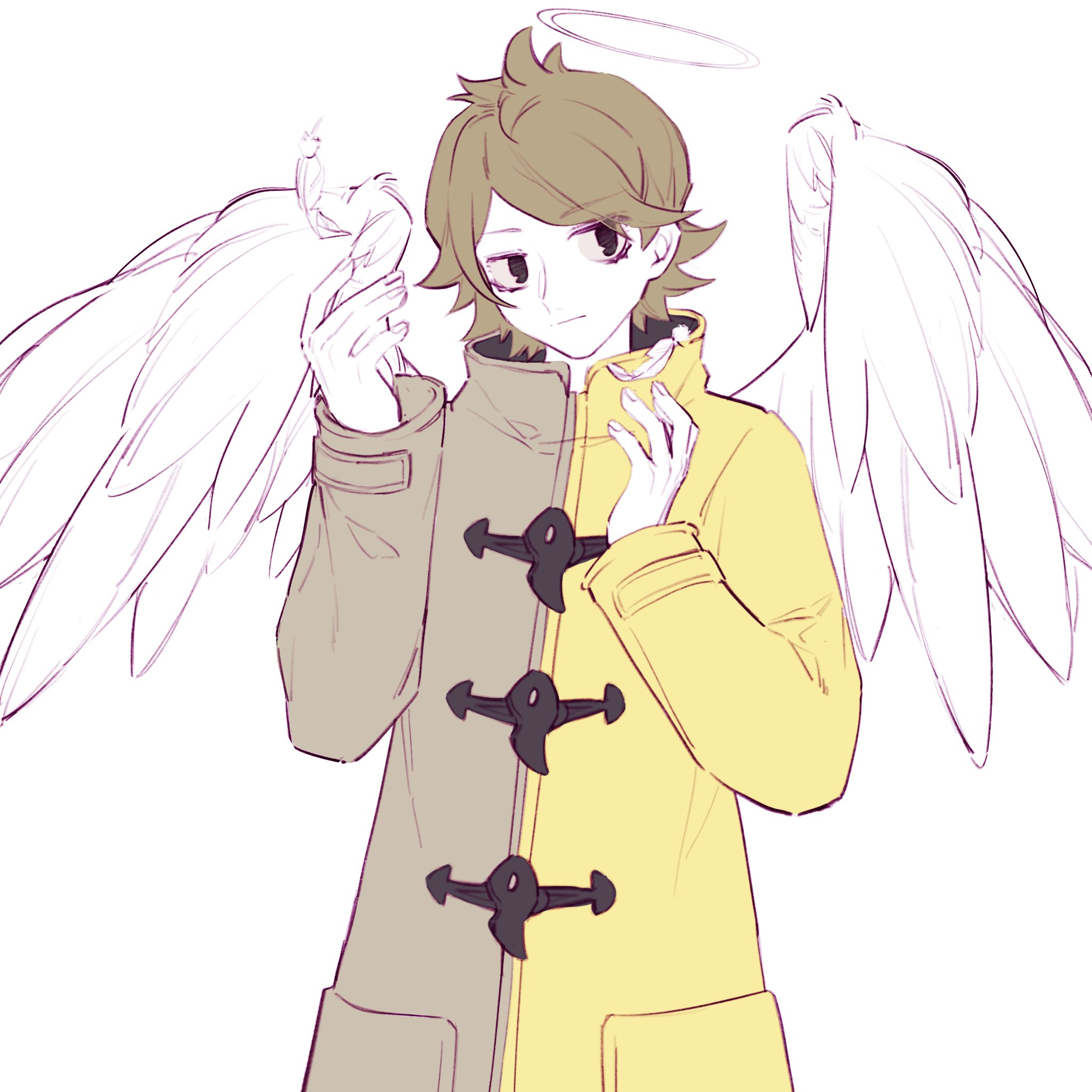 gamon yuuta, occultic;nine, science adventure, highres, 1boy, angel, angel wings, black eyes, brown coat, brown hair, coat, feathered wings, feathers, green hair, halo, hands up, long sleeves, looking at viewer, male focus, multicolored coat, short hair, simple background, solo, supernova 11451, upper body, white background, white wings, wings, yellow coat