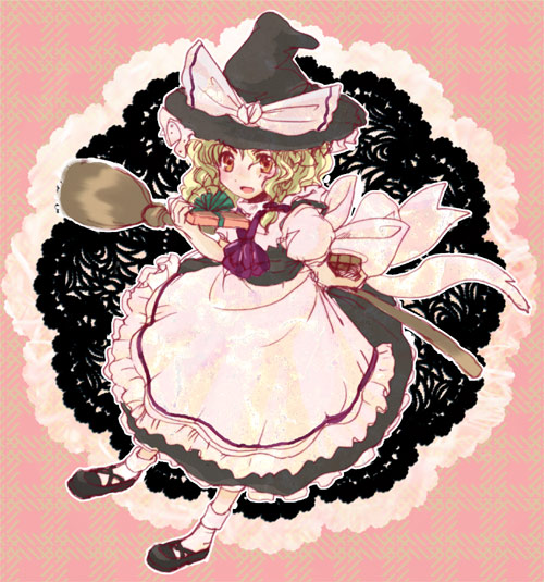 kirisame marisa, touhou, 1girl, :d, apron, black hat, black shoes, black skirt, black vest, blonde hair, blush, bow, box, braid, broom, female focus, frilled apron, frills, from above, full body, gift, gift box, hair bow, hat, hat bow, holding, holding gift, lace background, long hair, looking at viewer, open mouth, plaid background, puffy short sleeves, puffy sleeves, shirt, shoes, short sleeves, skirt, smile, socks, solo, vest, waist apron, white apron, white bow, white shirt, white socks, witch hat