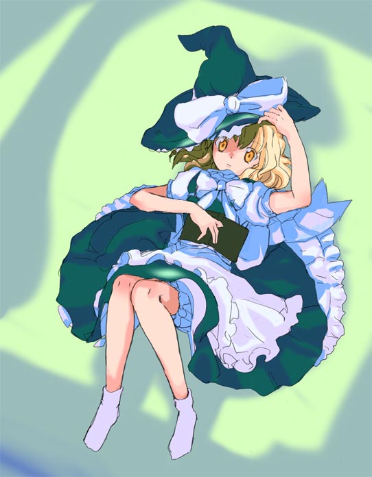 kirisame marisa, touhou, 1girl, aqua vest, blonde hair, book, female focus, socks, solo, vest