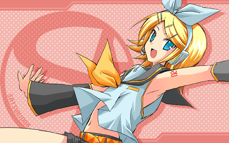 miyabi juri, kagamine rin, vocaloid, 1girl, :d, arm warmers, armpits, belt, black shorts, blonde hair, blouse, blue eyes, bow, clothes lift, female focus, hair bow, hair ornament, hairclip, headphones, microphone, navel, open mouth, outstretched arms, pink background, polka dot, polka dot background, ribbon, sailor collar, shirt, shirt lift, short hair, shorts, sleeveless, smile, solo, spread arms, stomach, swept bangs, tattoo, upper body, upshirt, white bow, white shirt, yellow ribbon