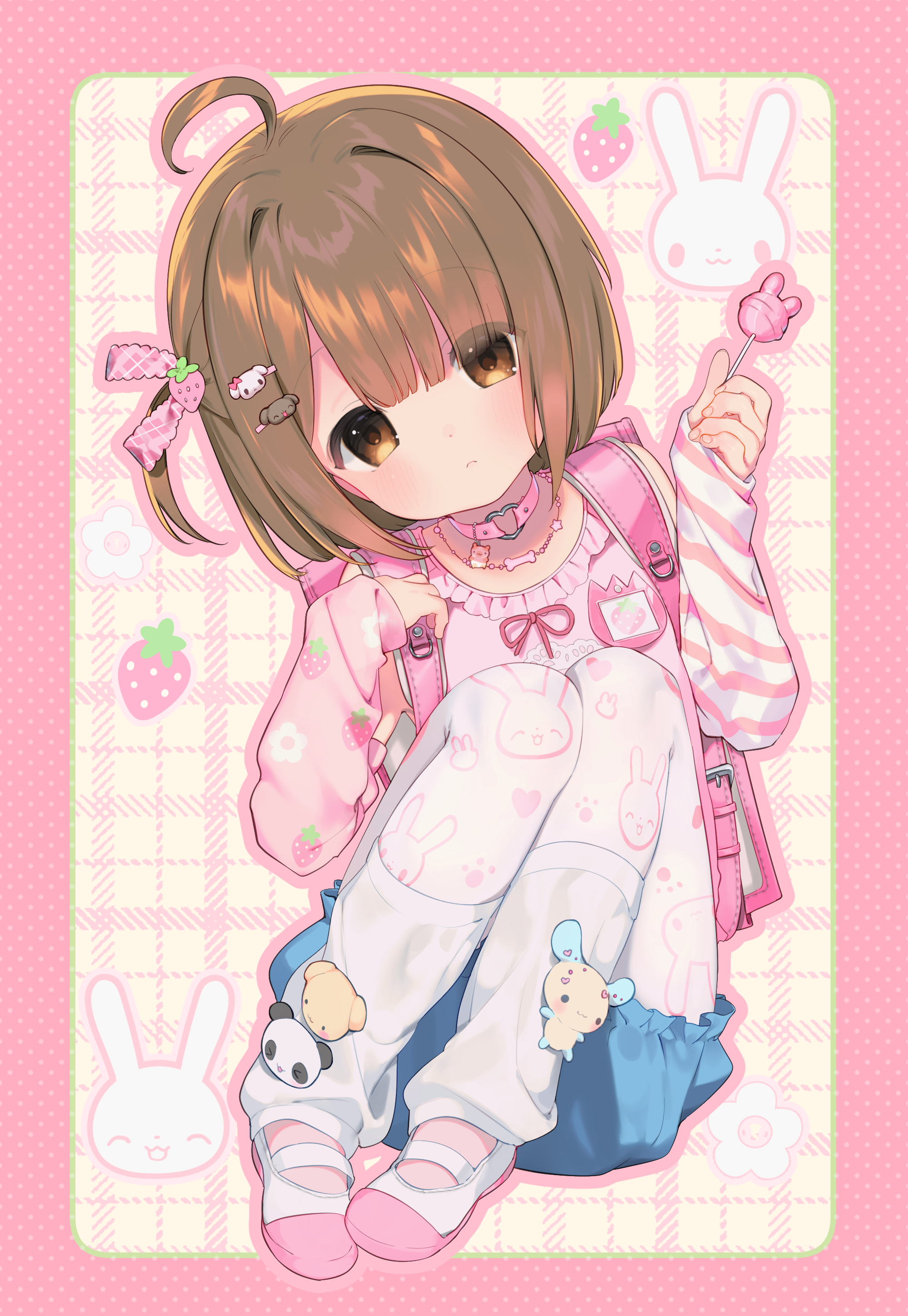 original, absurdres, artist request, commission, highres, second-party source, 1girl, ahoge, animal print, arm warmers, backpack, bag, blue shorts, blush, bone necklace, border, brown-haired girl (0113miko), brown eyes, brown hair, candy, choker, closed mouth, collar, floral background, floral print, food, food print, frilled shirt, frills, fruit print, full body, hair ornament, hair ribbon, hairclip, hands up, heart, heart o-ring, heart print, heart ring choker, heisei retro, holding, holding candy, holding food, holding lollipop, jewelry, knees up, leg warmers, lollipop, looking at viewer, medium hair, name tag, necklace, o-ring, o-ring choker, one side up, pantyhose, paw print, pink arm warmers, pink bag, pink border, pink choker, pink collar, pink ribbon, pink shirt, pink shoes, print arm warmers, print pantyhose, rabbit background, rabbit print, randoseru, ribbon, shaped lollipop, shirt, shoes, shorts, sleeveless, sleeveless shirt, solo, strawberry background, strawberry print, stuffed animal, stuffed panda, stuffed rabbit, stuffed toy, uwabaki, white leg warmers, white pantyhose, yellow background