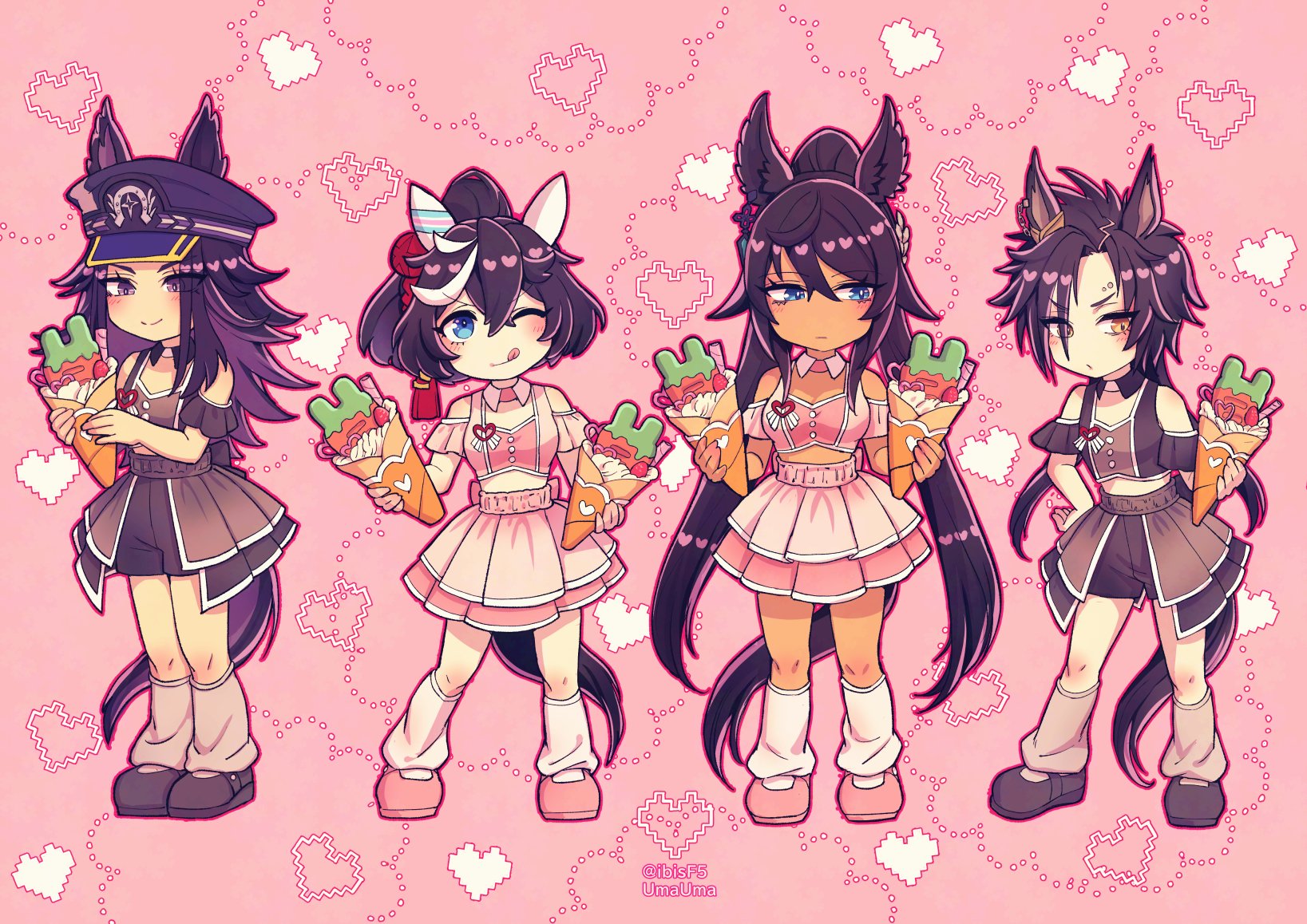 hi (ibisf5umauma), air shakur (umamusume), fenomeno (umamusume), katsuragi ace (umamusume), symboli kris s (umamusume), umamusume, adversarial noise, highres, 4girls, animal ears, asymmetrical bangs, bare shoulders, black hair, blue eyes, blush, breasts, brown shirt, brown shorts, brown skirt, closed mouth, clothing cutout, crepe, crop top, dark-skinned female, dark skin, detached collar, ear covers, earrings, ears through headwear, eyebrow piercing, face piercing, food, full body, hair ornament, half-skirt, hat, heart, holding, holding food, horse ears, horse girl, horse tail, jewelry, layered skirt, long hair, looking at viewer, looking to the side, loose socks, medium breasts, midriff, multicolored hair, multiple girls, one eye closed, peaked cap, piercing, pink background, pink shirt, pink shoes, pink skirt, pink socks, shirt, shoes, short hair, short sleeves, shorts, shoulder cutout, single earring, skirt, smile, socks, split ponytail, streaked hair, tail, tassel, tassel hair ornament, tongue, tongue out, twitter username, v-shaped eyebrows, white socks, yellow eyes