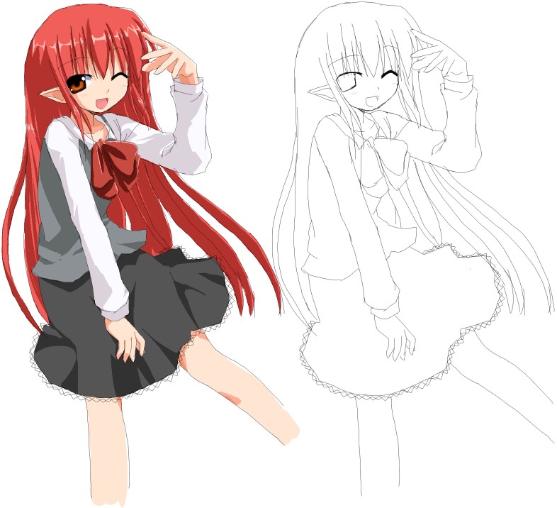 hoshi umi, original, 1girl, brown eyes, long hair, multiple views, pointy ears, red hair, school uniform, serafuku