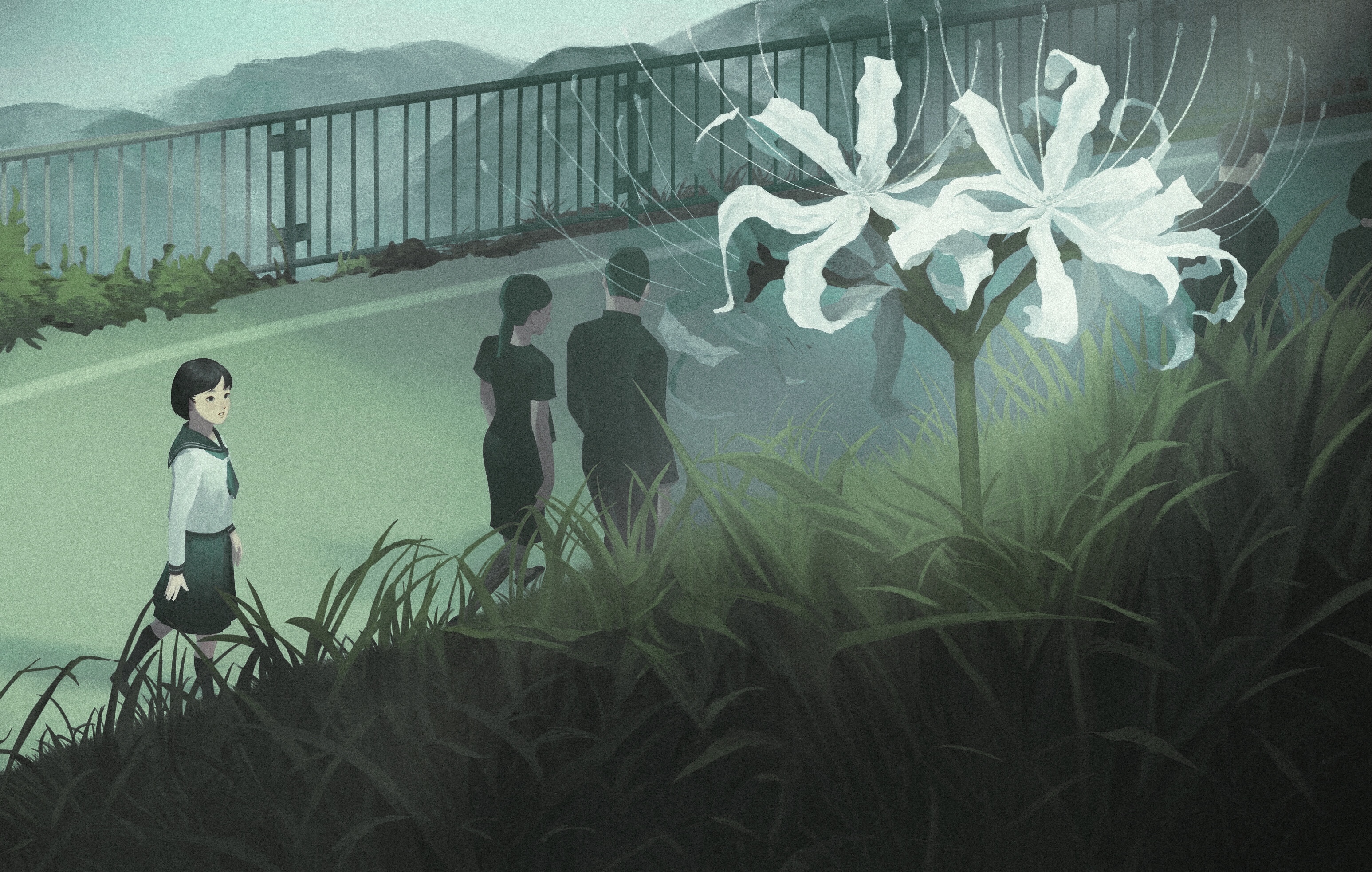 yosay 0, original, check commentary, commentary, commentary request, highres, black hair, flower, funeral, glowing, grass, manjushage (flower), multiple boys, multiple girls, railing, scenery, school uniform, serafuku, spider lily