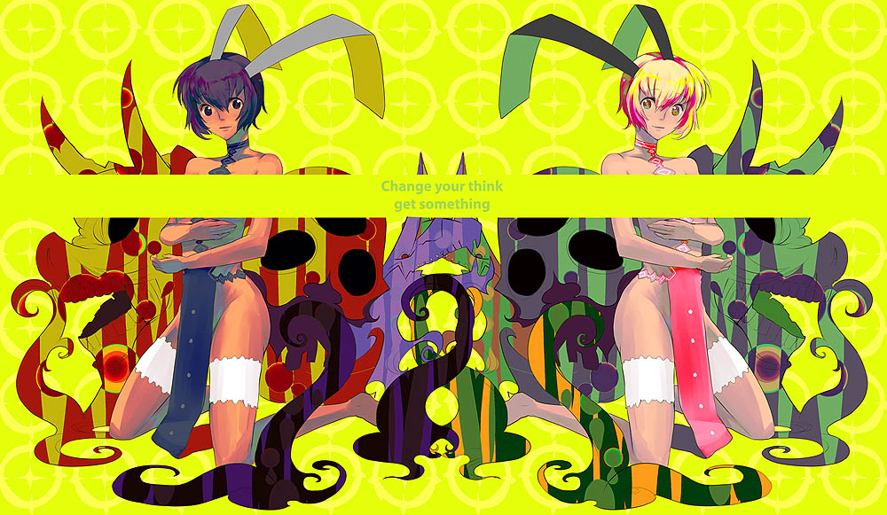sanae (satansanae), original, 2girls, animal ears, blonde hair, blue eyes, blue hair, censored, english text, engrish text, fake animal ears, kneeling, multiple girls, ranguage, short hair, smile, symmetry, thigh strap, yellow eyes