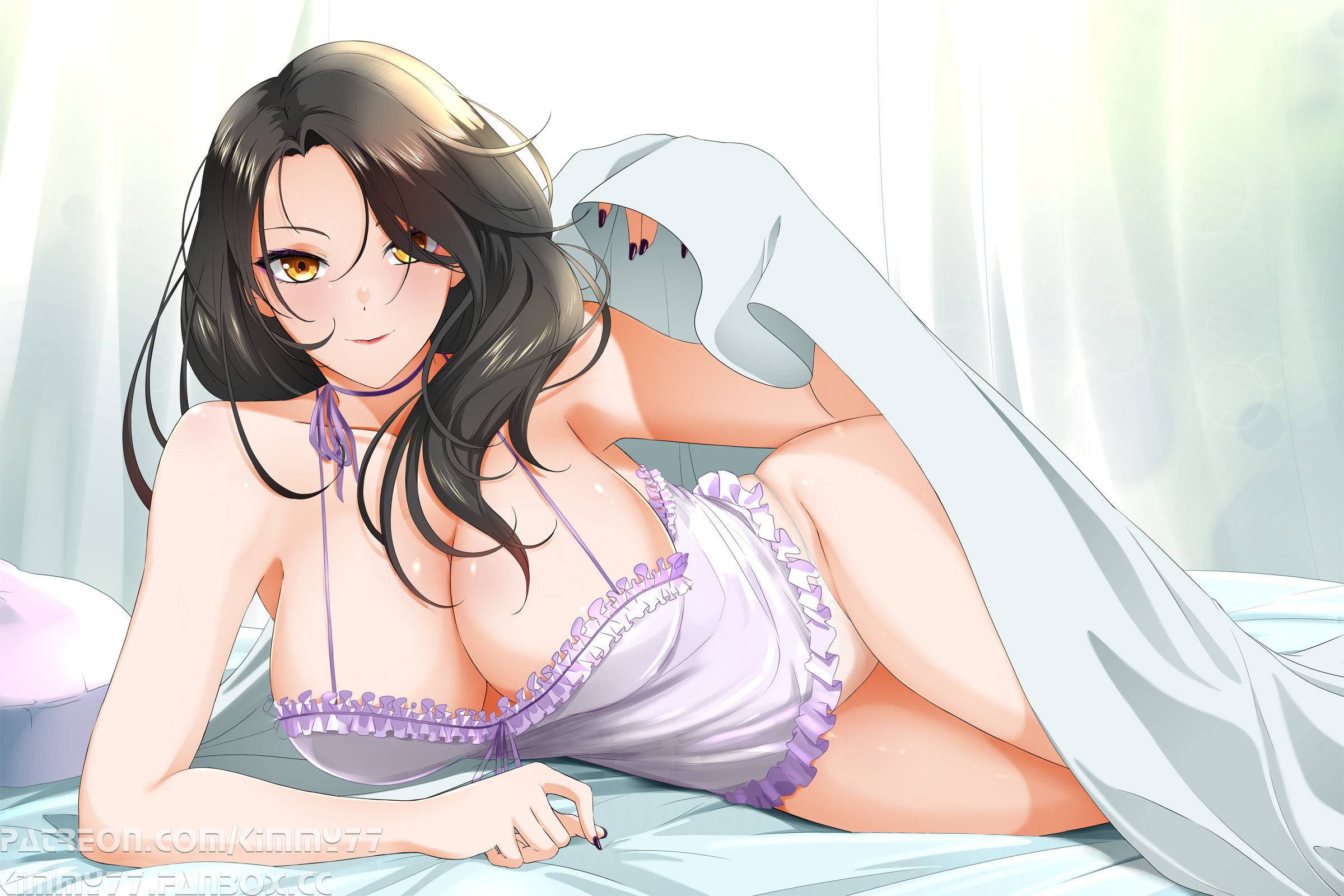 kimmy77, cinder fall, rwby, highres, 1girl, black hair, breasts, cleavage, collarbone, female focus, hair over one eye, indoors, large breasts, looking at viewer, lying, nightgown, on bed, on side, panties, solo, underwear, white panties, yellow eyes
