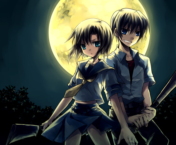 suzushiro kurumi, maebara keiichi, ryuuguu rena, higurashi no naku koro ni, 00s, 1boy, 1girl, baseball bat, billhook, couple, hashitsuki nata, hatchet, hetero, moon, nata (tool)