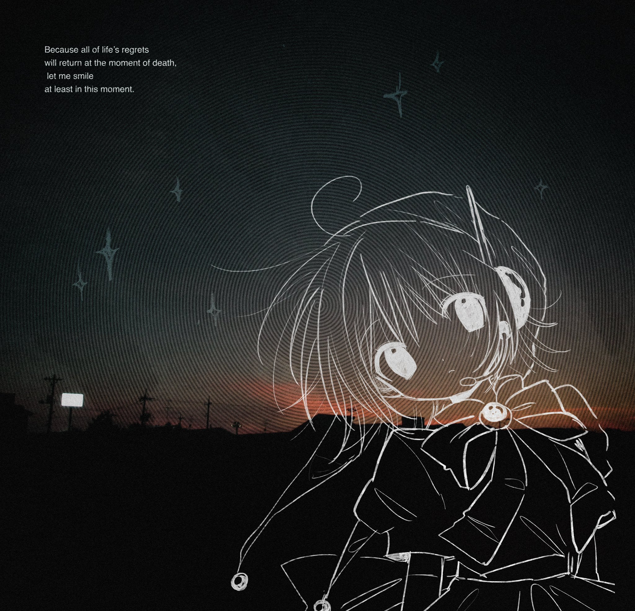 pepeppepe101, original, highres, 1girl, bow, bowtie, closed mouth, dusk, english text, hat, headset, jester cap, lineart, looking at viewer, outdoors, power lines, puffy short sleeves, puffy sleeves, short hair, short sleeves, solo, upper body