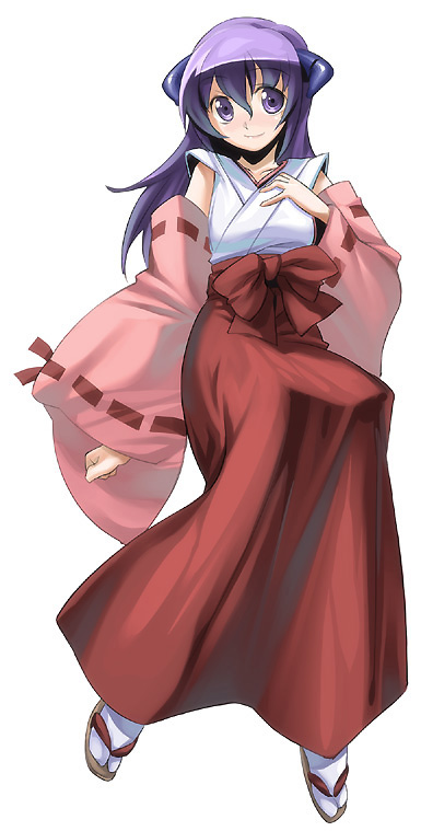 chikugen shiina, hanyuu, higurashi no naku koro ni, 00s, 1girl, bow, detached sleeves, female focus, hakama, hakama skirt, horns, japanese clothes, kimono, long hair, miko, purple eyes, purple hair, red hakama, skirt, solo, tabi