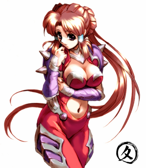 hisahiko, minaki tomine, selena recital, banpresto, super robot wars, super robot wars alpha, the 3rd super robot wars alpha, 1girl, armor, bodysuit, breasts, brown hair, center opening, cleavage, cleavage cutout, clothing cutout, cosplay, crossed legs, donut hair bun, double bun, female focus, finger to mouth, floating hair, hair bun, hair tubes, large breasts, leaning forward, long hair, looking at viewer, midriff, navel, parted bangs, parted lips, pauldrons, ponytail, purple eyes, selena recital (cosplay), short hair, shoulder armor, sideboob, sidelocks, simple background, solo, spikes, standing, vambraces, very long hair, white background