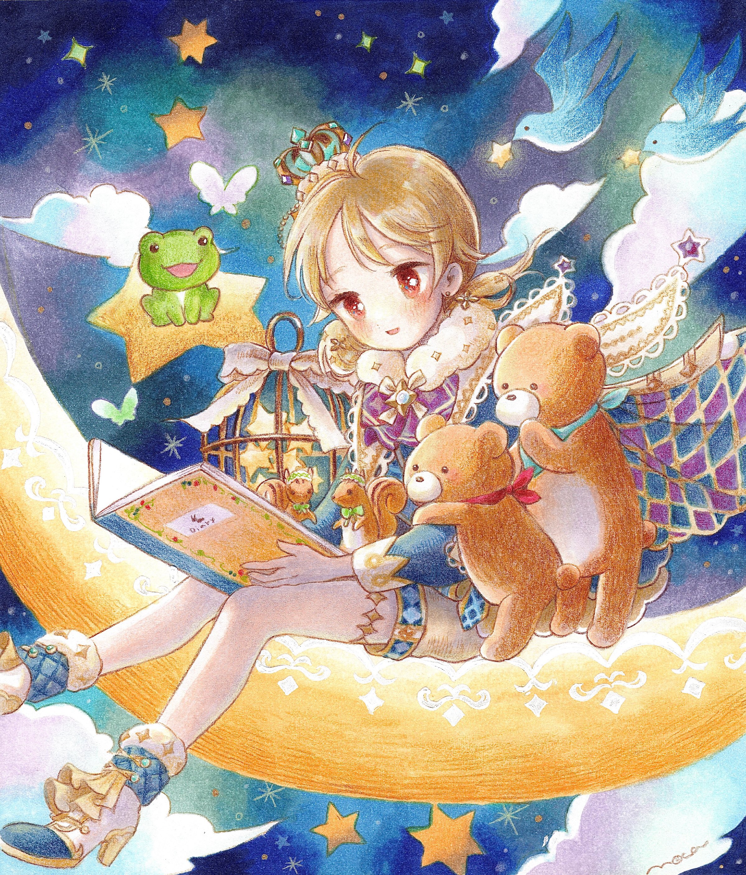 moca (mooooca), morikubo nono, idolmaster, idolmaster cinderella girls, absurdres, commentary request, highres, 1girl, :d, ahoge, arched crown, bandana, bandana around neck, bear, bird, birdcage, blue bandana, blue boots, blue cape, blue gemstone, blue shirt, blush, book, boots, bow, brooch, brown hair, brown shorts, cage, cape, cloud, crown, floating cape, foot out of frame, frog, fur-trimmed boots, fur collar, fur trim, gem, gold trim, hair ornament, high heel boots, high heels, holding, holding book, jeweled crown, jewelry, long hair, long sleeves, looking down, mini crown, multicolored boots, multicolored cape, open mouth, parted bangs, purple bow, purple cape, purple gemstone, reading, red bandana, red eyes, shawl, shirt, shorts, sitting, sky, smile, solo, squirrel, star (sky), star (symbol), star hair ornament, starry sky, tilted headwear, white boots