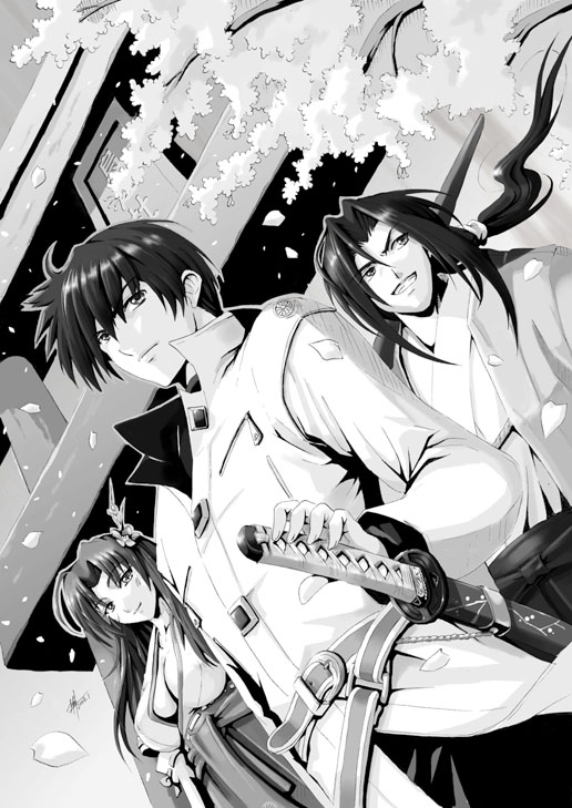 yuu (yuyukaikan), original, 1girl, 2boys, greyscale, katana, male focus, monochrome, multiple boys, ponytail, sword, weapon