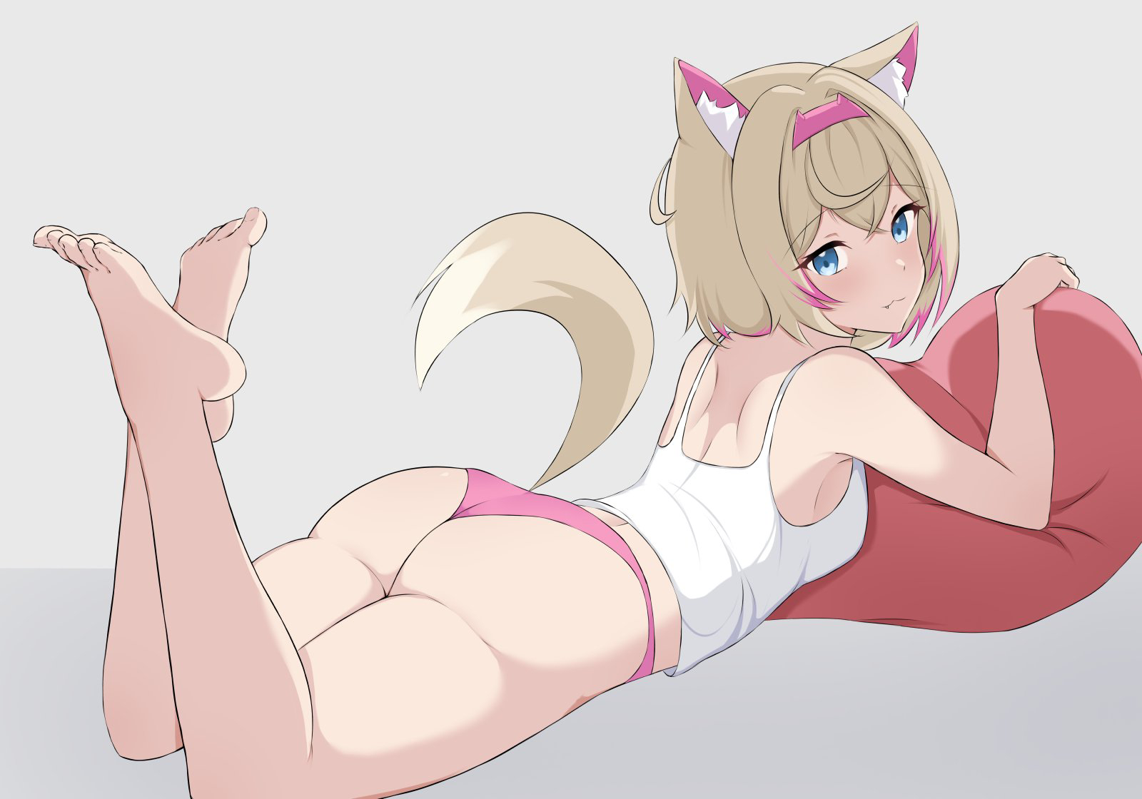 zeropen, mococo abyssgard, hololive, hololive english, commentary, english commentary, highres, self-upload, 1girl, alternate costume, animal ear fluff, animal ears, ass, ass focus, barefoot, blonde hair, blue eyes, breasts, dog ears, dog girl, dog tail, feet, feet up, large breasts, long hair, looking at viewer, lying, medium hair, multicolored hair, multiple girls, on stomach, panties, pillow, pink eyes, pink hair, siblings, sisters, small breasts, soles, solo, streaked hair, tail, the pose, toes, twins, underwear, virtual youtuber