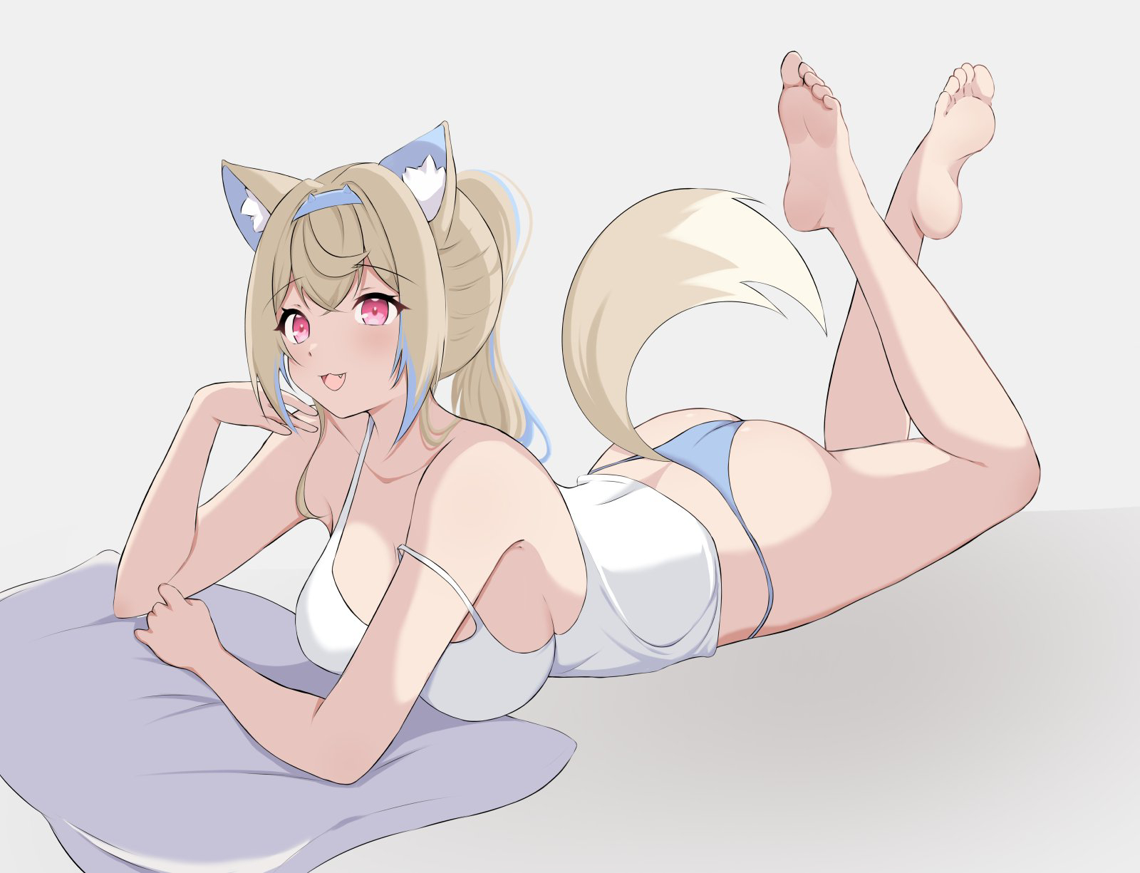 zeropen, fuwawa abyssgard, hololive, hololive english, commentary, english commentary, highres, 1girl, alternate costume, animal ear fluff, animal ears, ass, ass focus, barefoot, blonde hair, blue eyes, blue hair, breasts, dog ears, dog girl, dog tail, feet, feet up, large breasts, long hair, looking at viewer, lying, medium hair, multicolored hair, multiple girls, on stomach, panties, pillow, pink eyes, siblings, sisters, small breasts, soles, solo, streaked hair, tail, the pose, toes, twins, underwear, virtual youtuber