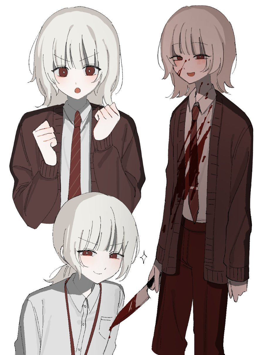 tatsunami shion, saihate eki, highres, blood, blood on clothes, blood on face, bloody knife, blunt bangs, blush, breadcoat4, breast pocket, brown cardigan, cardigan, clenched hands, closed mouth, collared shirt, ganbaru pose, holding, holding knife, holding weapon, knife, lanyard, long sleeves, looking at viewer, loose hair strand, medium hair, multicolored hair, multiple expressions, narrowed eyes, necktie, open mouth, pale skin, pants, pocket, ponytail, red eyes, red necktie, shadow, shirt, smile, solo, sparkle, weapon, white background, white hair, white shirt
