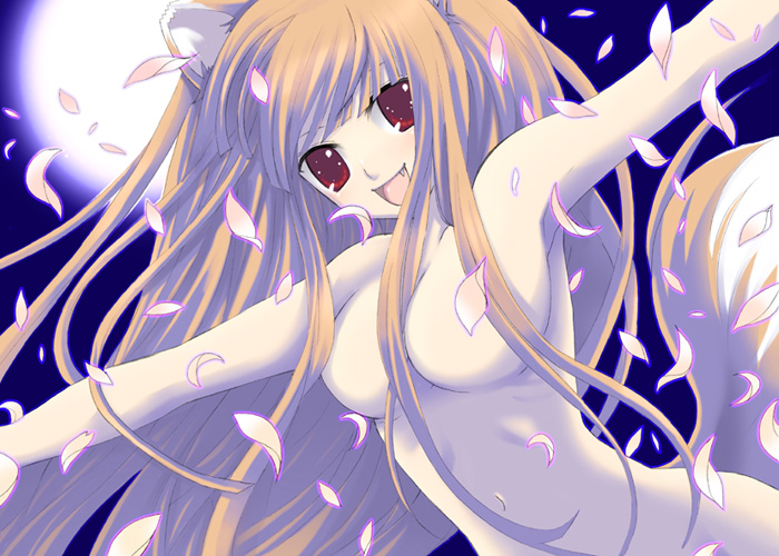 sakurai unan, holo, spice and wolf, 00s, 1girl, animal ears, brown hair, female focus, long hair, nude, red eyes, solo, tail, very long hair, wolf ears, wolf tail