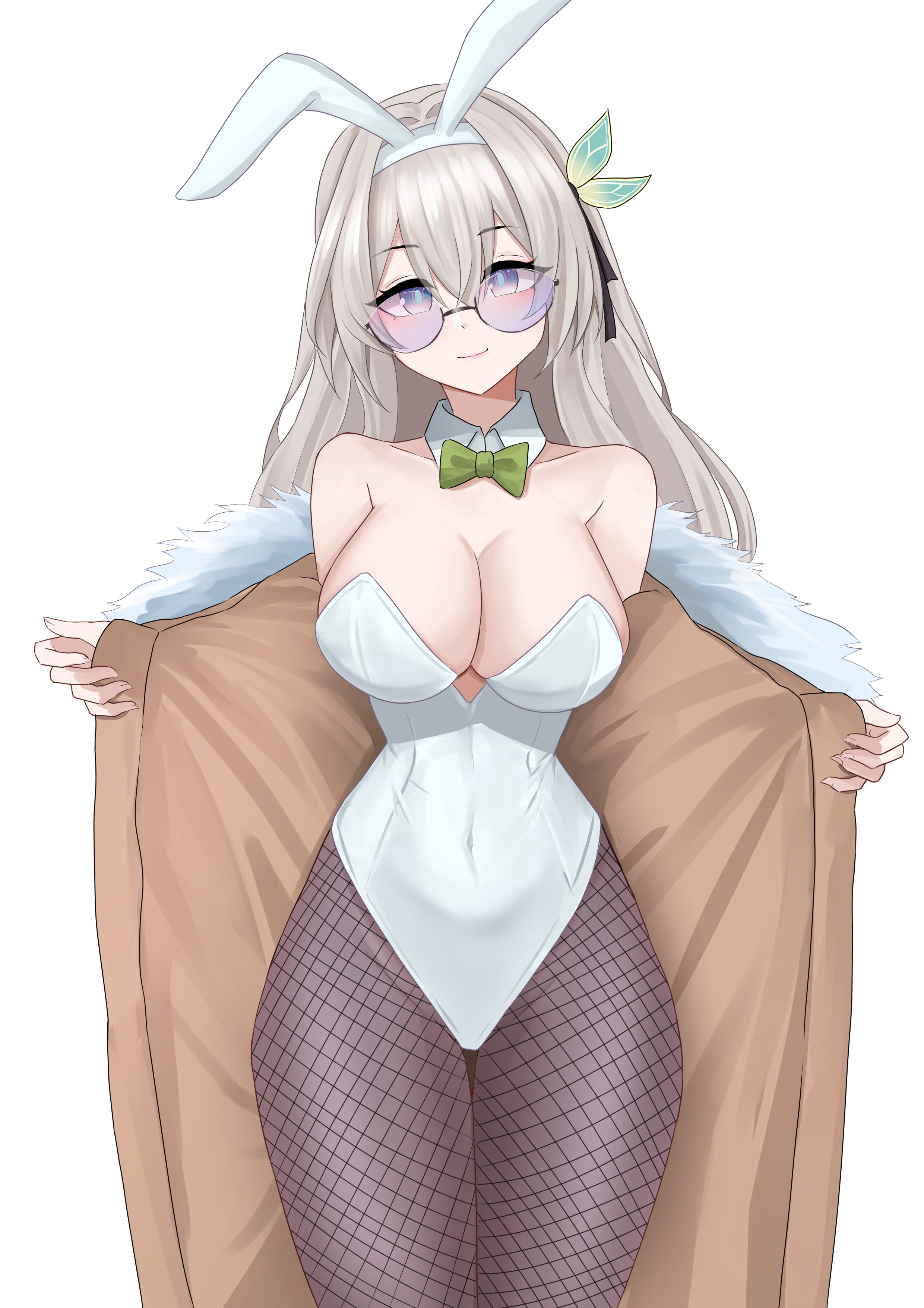 hivern, firefly (honkai: star rail), honkai: star rail, honkai (series), absurdres, highres, 1girl, animal ears, black ribbon, bow, bowtie, breasts, bunny day, cleavage, closed mouth, coat, collar, covered navel, fishnet pantyhose, fishnets, fur-trimmed coat, fur trim, green bow, green bowtie, hair ornament, hair ribbon, large breasts, leotard, long hair, navel, pantyhose, playboy bunny, rabbit ears, ribbon, simple background, smile, solo, tinted eyewear, white background, white collar, white leotard