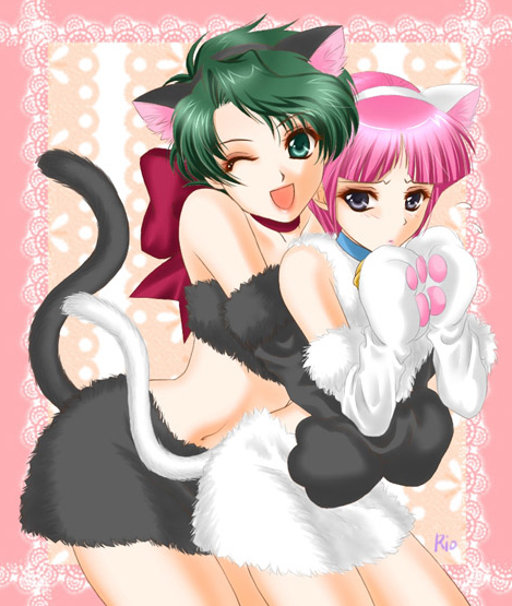 aya kobayashi, kuro (srw), mai kobayashi, shiro (srw), banpresto, super robot wars, super robot wars original generation, super robot wars the lord of elemental, 2girls, animal ears, cat ears, cosplay, green eyes, green hair, midriff, multiple girls, one eye closed, pink hair, purple eyes, tail, wink