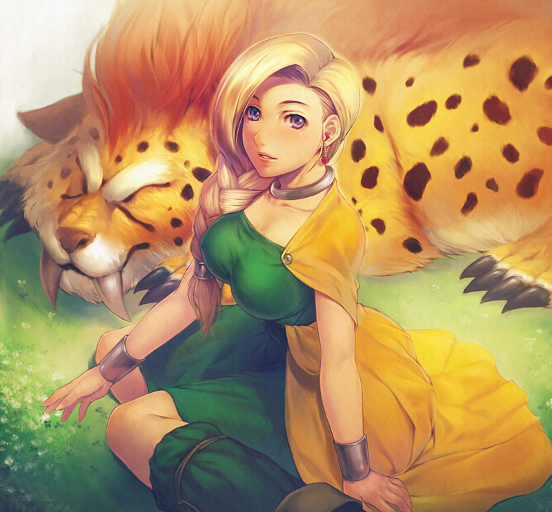 simo, simosi, bianca (dq5), borongo, dragon quest, dragon quest v, 1girl, animal, arm support, blonde hair, boots, bracelet, braid, breasts, cape, closed eyes, dress, earrings, fangs, female focus, field, grass, grin, hair over shoulder, hair tubes, jewelry, large breasts, leg warmers, long hair, looking at viewer, looking back, neck ring, on ground, outdoors, profile, purple eyes, single braid, sitting, sleeping, smile, solo, taut clothes, taut dress, vambraces, wariza