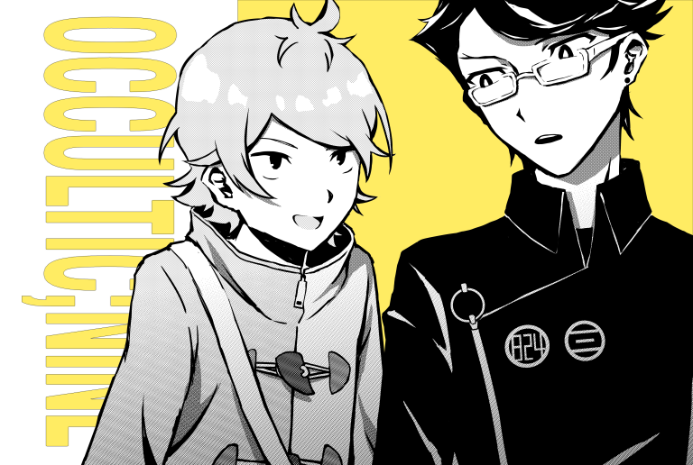 gamon yuuta, hashigami sarai, occultic;nine, science adventure, 2boys, black coat, black eyes, black hair, buttons, coat, copyright name, double-breasted, glasses, greyscale, long sleeves, looking at another, male focus, monochrome, multicolored coat, multiple boys, open mouth, rdt235, short hair, smile, tongue