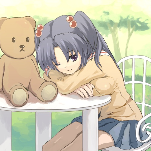 ikko, ichinose kotomi, clannad, lowres, 00s, 1girl, breast press, breasts, female focus, hair bobbles, hair ornament, one eye closed, solo, stuffed animal, stuffed toy, teddy bear, two side up