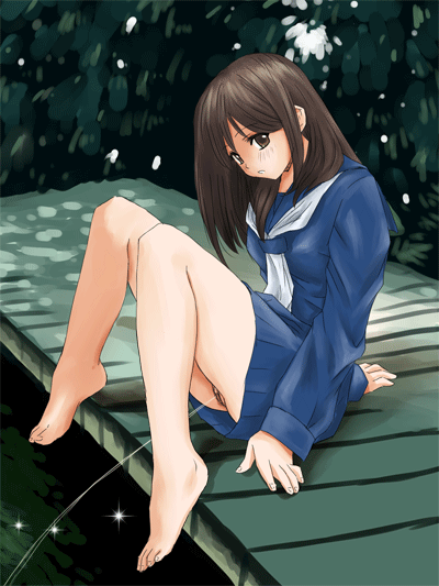 bucho, original, animated, animated gif, 1girl, barefoot, blouse, blue shirt, feet, female focus, legs, no panties, outdoors, pee, peeing, pussy, school uniform, serafuku, shirt, solo, toes, uncensored
