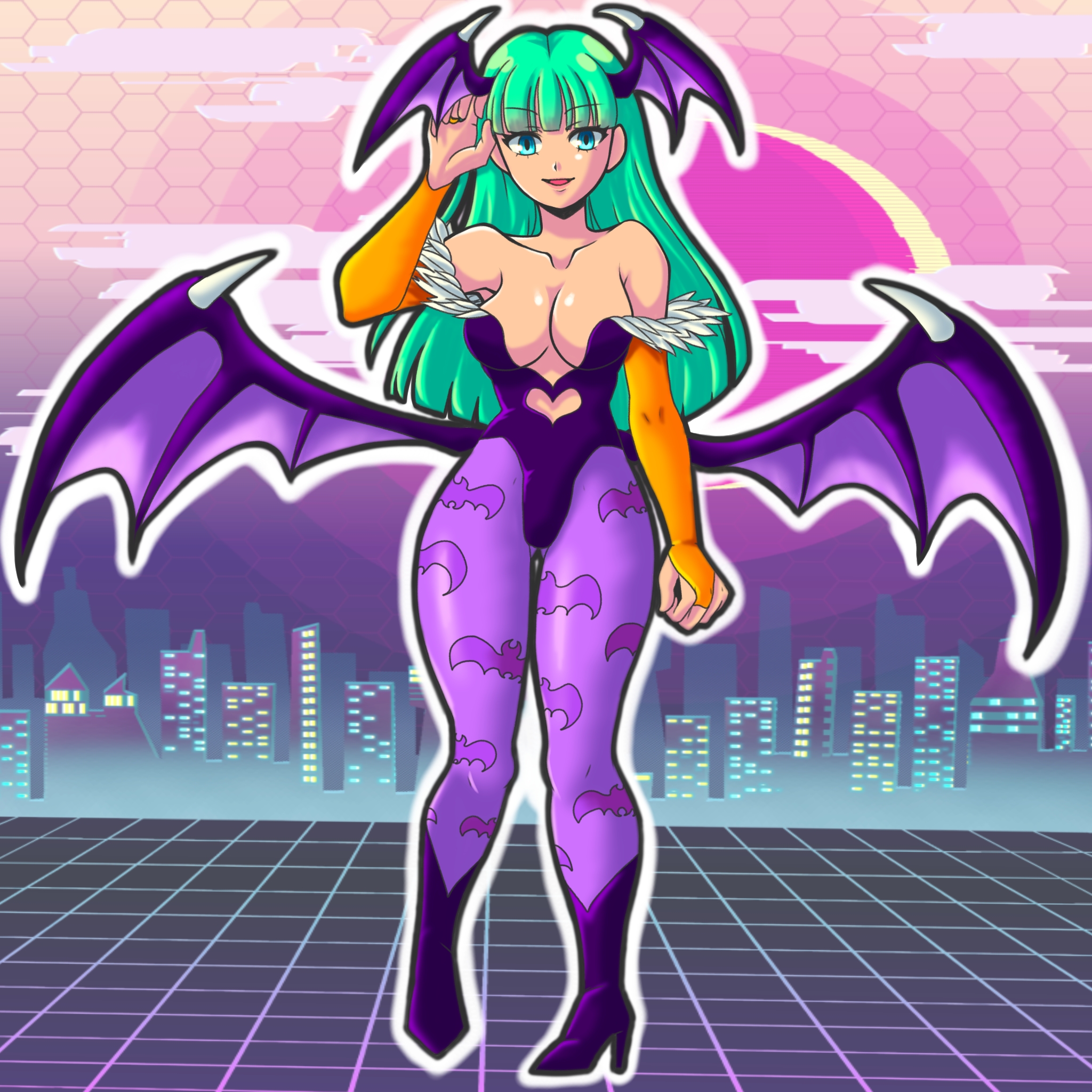 rai (fortunecookie), morrigan aensland, darkstalkers, highres, 1girl, animal print, bat print, blunt bangs, breasts, bridal gauntlets, cleavage, demon wings, green eyes, green hair, head wings, leotard, long hair, looking at viewer, pantyhose, print pantyhose, purple leotard, purple pantyhose, purple wings, smile, solo, strapless, strapless leotard, wings