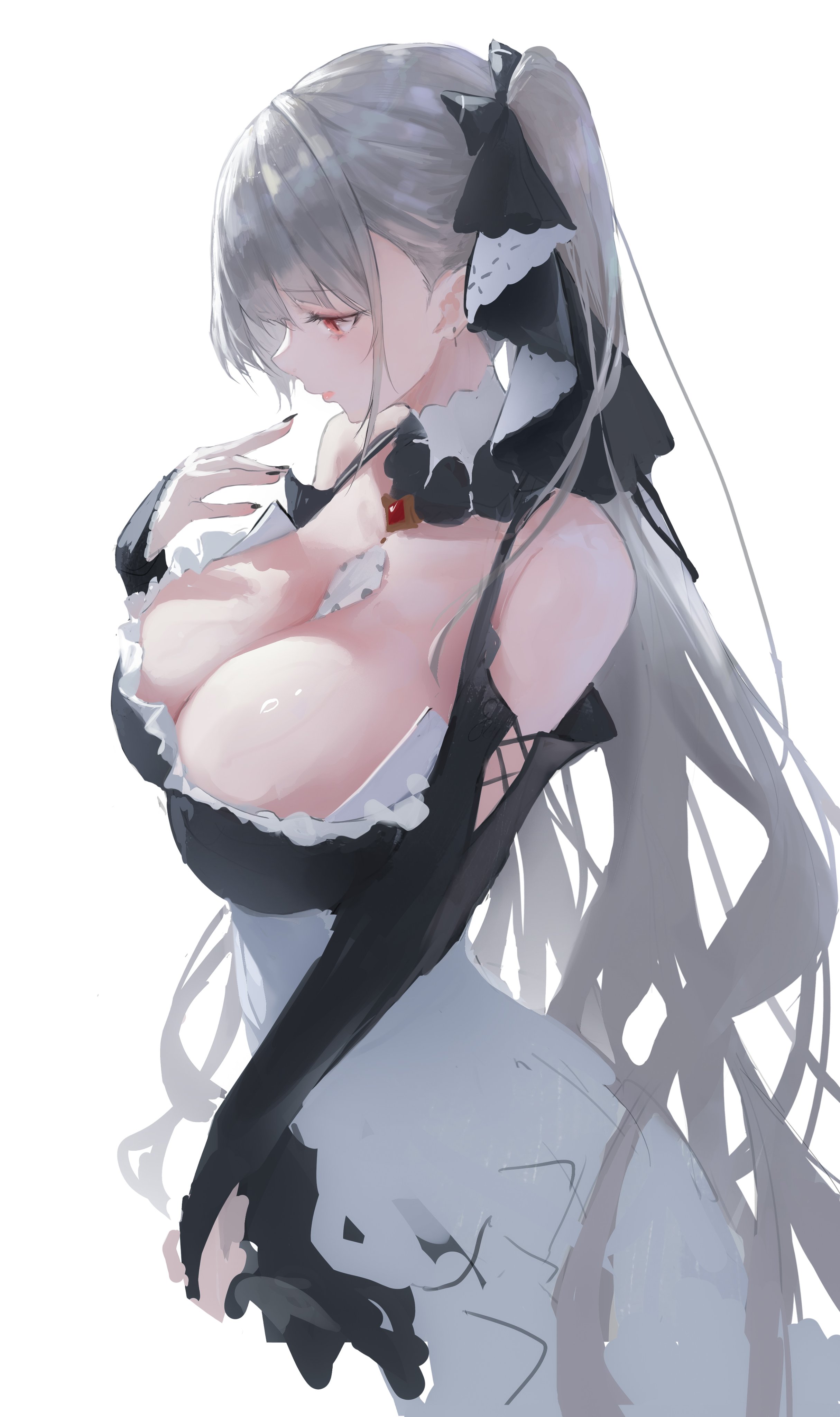 matsogum, formidable (azur lane), azur lane, absurdres, commentary, highres, unfinished, 1girl, between breasts, black dress, breasts, cleavage, dress, earrings, frilled dress, frills, from above, from side, grey hair, hair ribbon, huge breasts, jewelry, long hair, necktie, necktie between breasts, red eyes, ribbon, solo, twintails, two-tone dress, two-tone ribbon, very long hair, white background