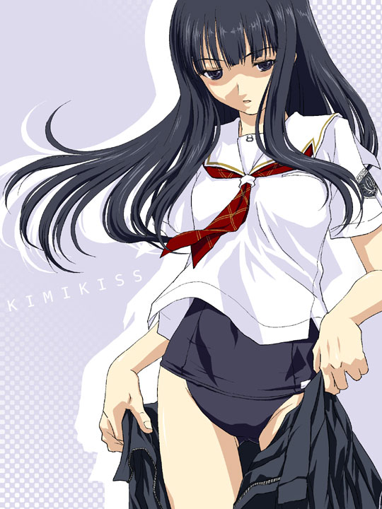 iga tomoteru, futami eriko, kimi kiss, black one-piece swimsuit, clothes pull, one-piece swimsuit, school swimsuit, school uniform, serafuku, skirt, skirt pull, solo, swimsuit, swimsuit under clothes, undressing