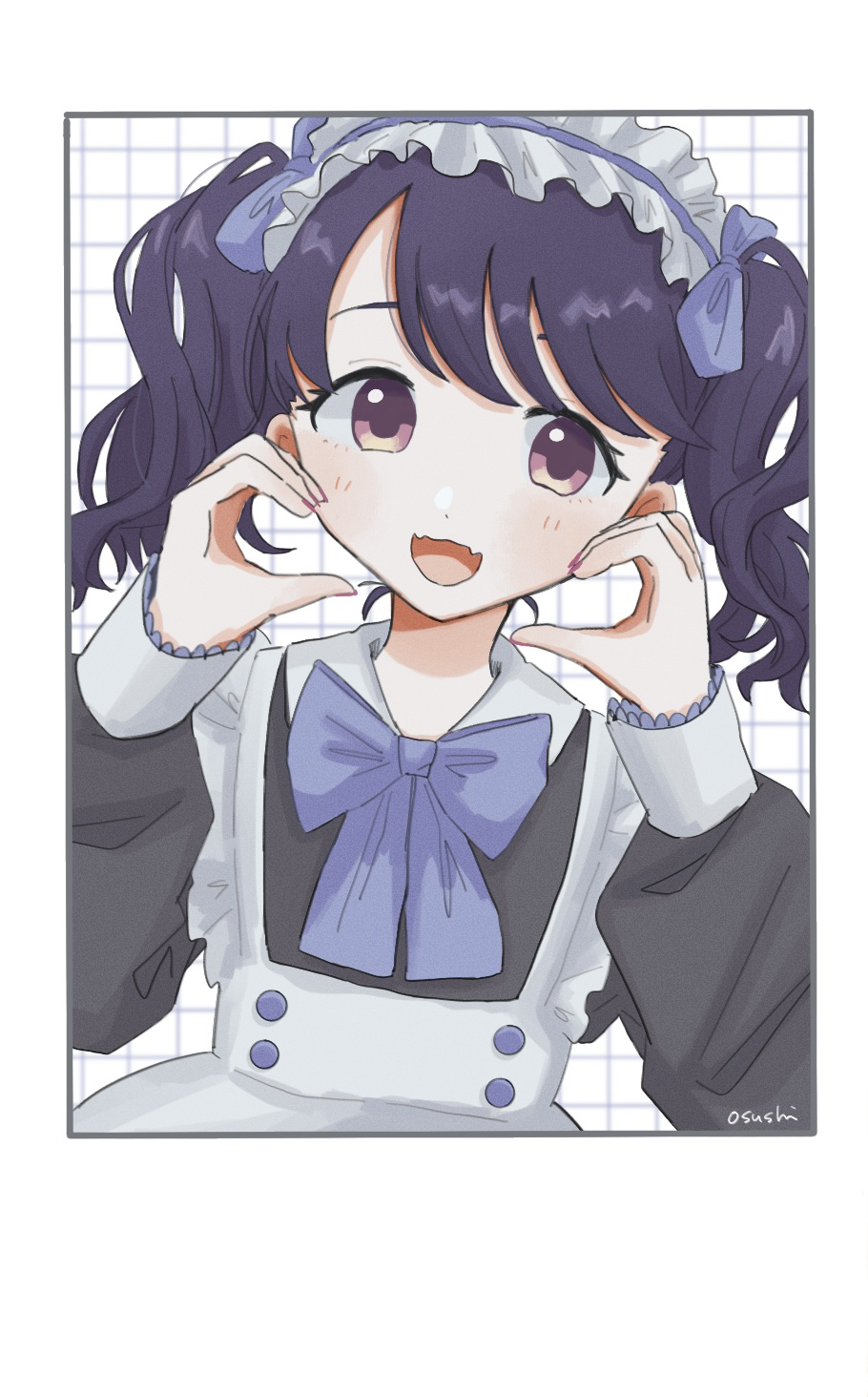 fukumaru koito, idolmaster, idolmaster shiny colors, commentary request, highres, 1girl, alternate costume, apron, artist name, black dress, blue bow, blue bowtie, blush, bow, bowtie, dress, enmaided, fake photograph, fang, frilled hairband, frills, grid background, hairband, half-heart hands, long hair, long sleeves, looking at viewer, maid, mutenka osushi, polaroid photo, skin fang, smile, solo, twintails, upper body, white apron