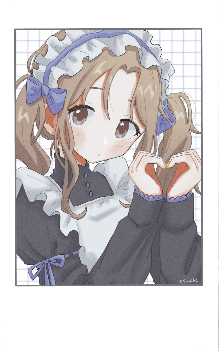 ichikawa hinana, idolmaster, idolmaster shiny colors, commentary request, highres, 1girl, alternate costume, apron, artist name, black dress, blush, dress, enmaided, fake photograph, frilled hairband, frills, grid background, hairband, heart, heart hands, long sleeves, looking at viewer, maid, mutenka osushi, polaroid photo, sidelocks, solo, twintails, upper body, white apron