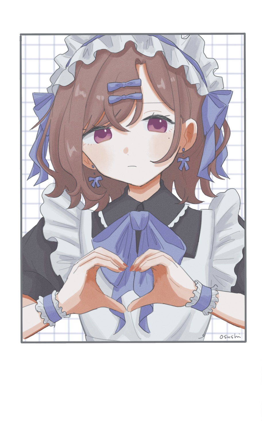 higuchi madoka, idolmaster, idolmaster shiny colors, commentary request, highres, 1girl, alternate costume, artist name, blue ribbon, brown hair, enmaided, fake photograph, frilled hairband, frilled wristband, frills, grid background, hairband, heart, heart hands, looking at viewer, maid, mole, mole under eye, mutenka osushi, nail polish, neck ribbon, polaroid photo, red eyes, ribbon, solo, upper body