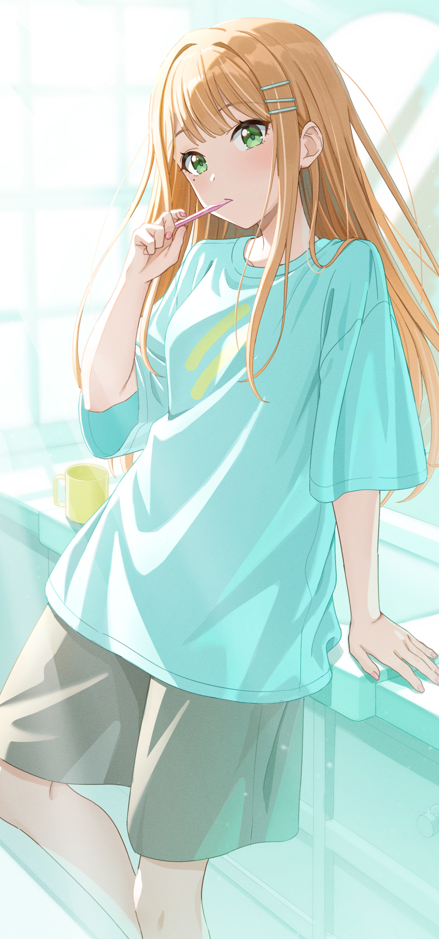 ntn00a, shiun sumika, gakuen idolmaster, idolmaster, commentary request, highres, 1girl, arm support, backlighting, blush, brushing teeth, feet out of frame, fingernails, green eyes, grey shorts, holding, holding toothbrush, long hair, looking at viewer, mole, mole under eye, nail polish, orange hair, oversized clothes, oversized shirt, shirt, shorts, solo, straight hair, t-shirt, toothbrush, white shirt