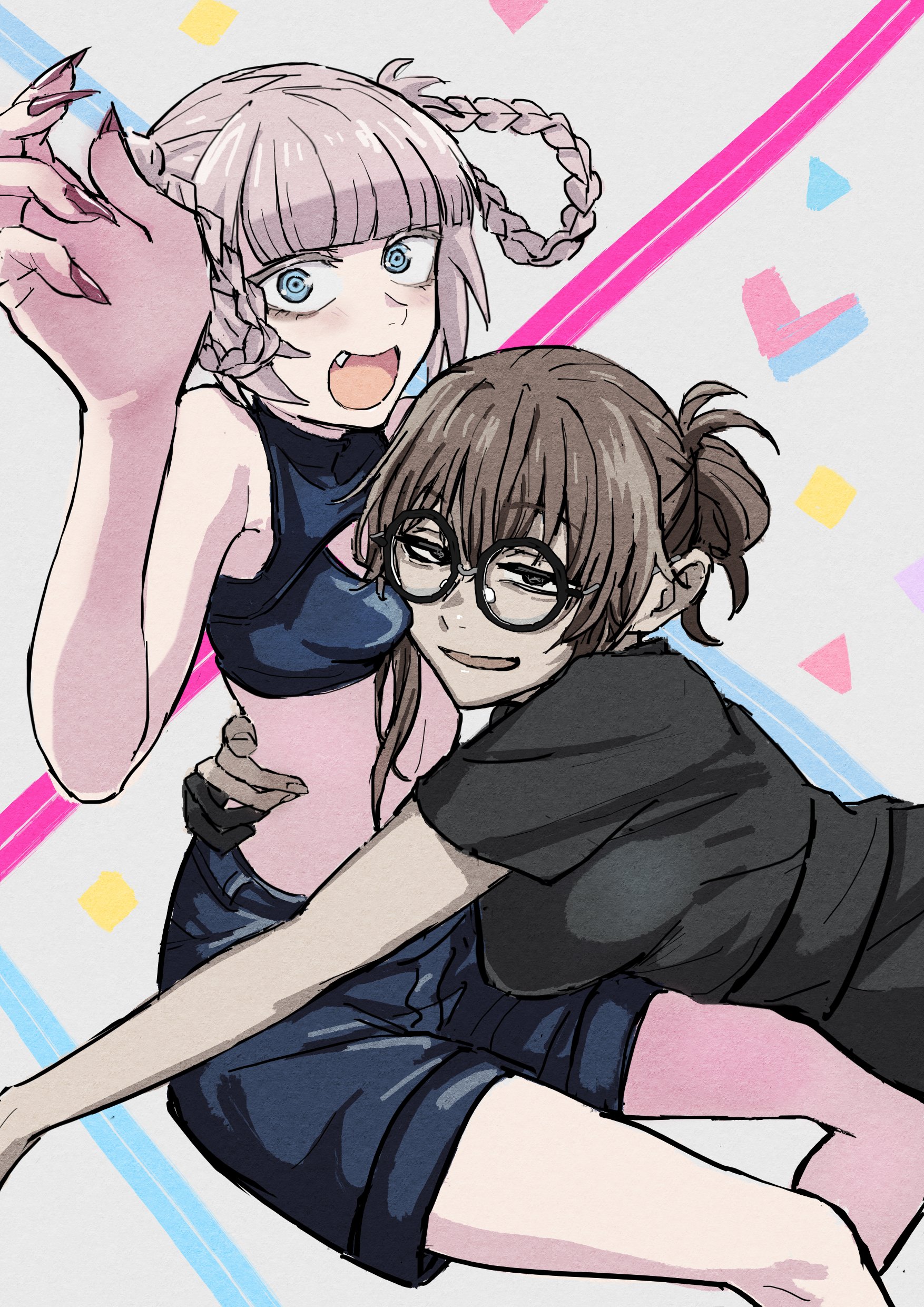 reiquant, nanakusa nazuna (yofukashi no uta), uguisu anko, yofukashi no uta, absurdres, highres, bare shoulders, blue eyes, braid, braided hair rings, breasts, brown hair, crop top, detective, fang, fingernails, gloves, hair rings, large breasts, looking at viewer, medium breasts, partially fingerless gloves, round eyewear, shorts, vampire